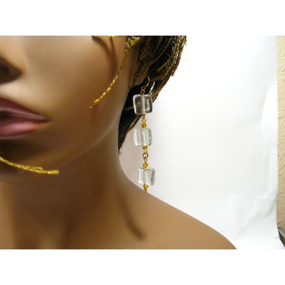 Set of Handcrafted long Gemstone Art Glass Beaded Dangle Drop Earrings 2 inch - Picture 8 of 9